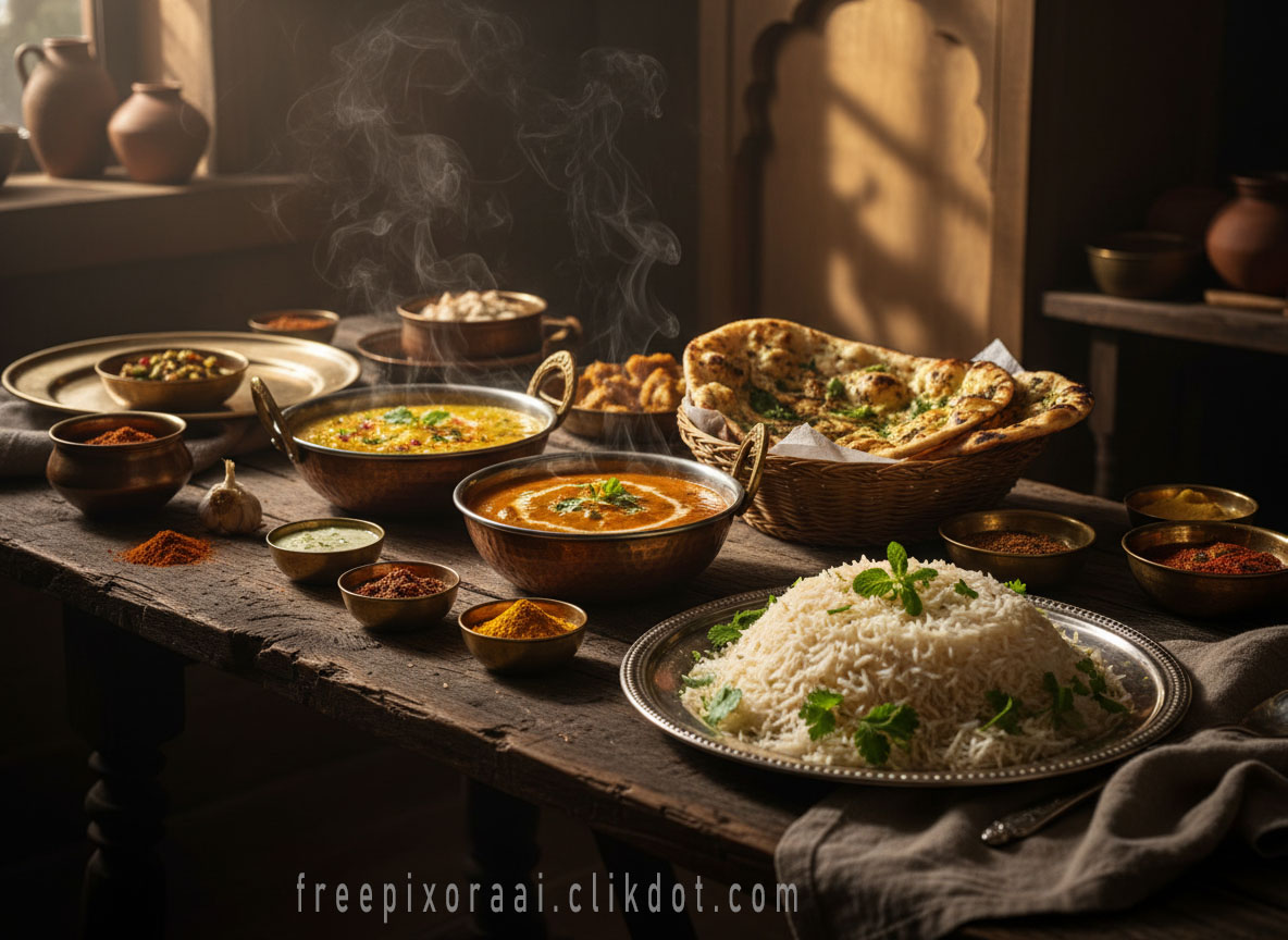Traditional Indian thali feast with steaming dal, butter chicken curry, basmati rice, garlic naan, chutneys, and spices in brass bowls on wooden table, warm lighting, AI-generated food photography