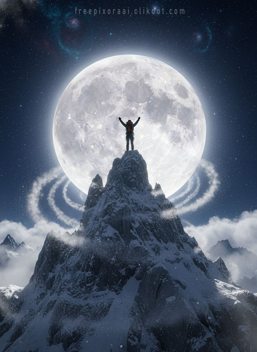 Adventurer in hiking gear with arms raised in victory on top of snowy mountain peak, huge detailed full moon and cosmic swirls in starry night sky, AI-generated motivational adventure artwork