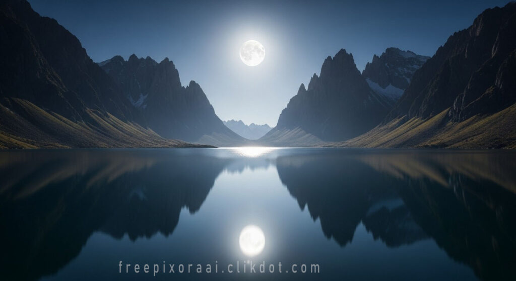 Full moon glowing brightly above jagged mountain peaks with perfect reflection in calm alpine lake at night, deep blue sky and serene landscape, AI-generated nature photography