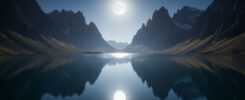 Full moon glowing brightly above jagged mountain peaks with perfect reflection in calm alpine lake at night, deep blue sky and serene landscape, AI-generated nature photography