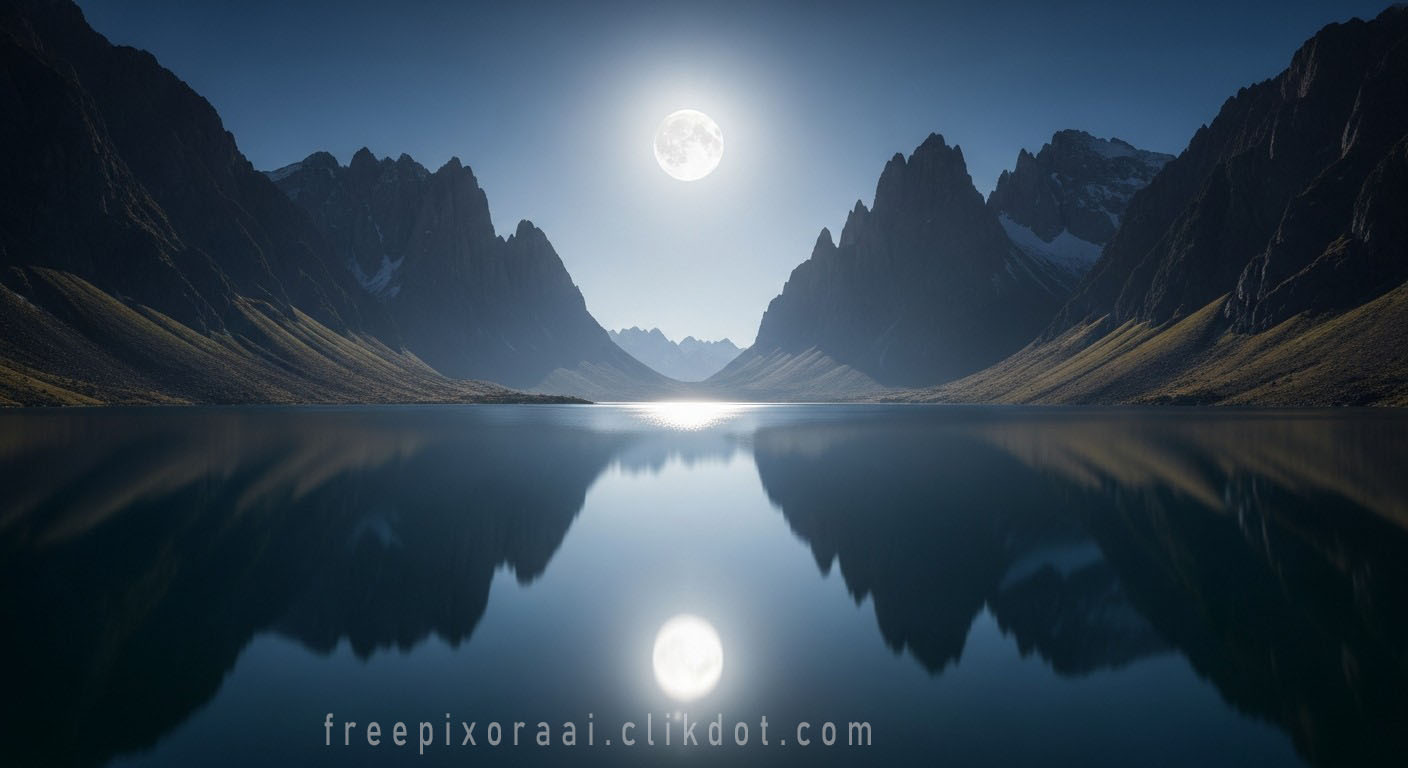 Full moon glowing brightly above jagged mountain peaks with perfect reflection in calm alpine lake at night, deep blue sky and serene landscape, AI-generated nature photography