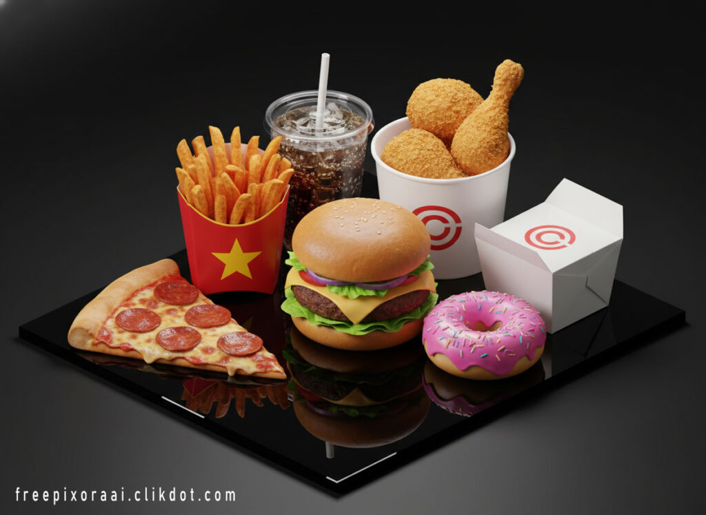 Premium fast food combo on black reflective surface including pepperoni pizza, cheeseburger, french fries, fried chicken bucket, pink sprinkled donut, cola drink, AI-generated appetizing product photography