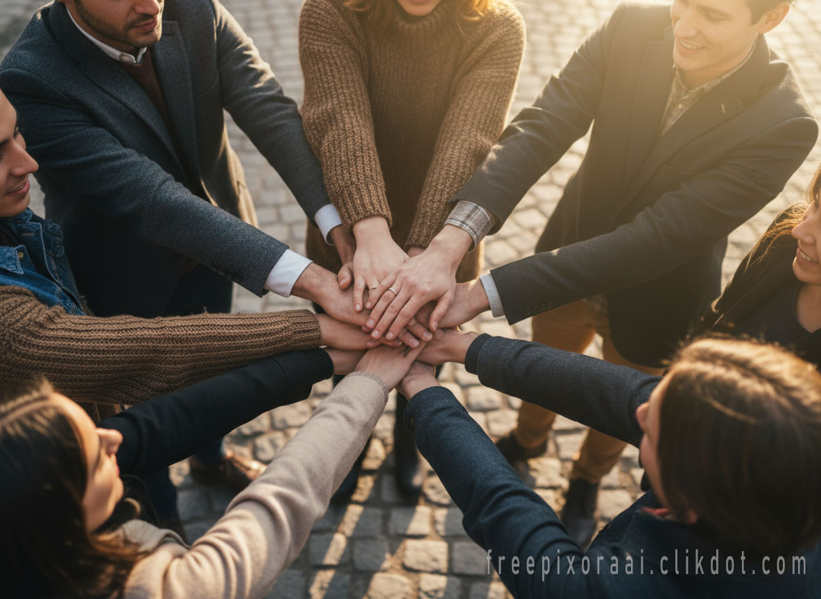 Diverse group of people stacking hands in a circle from below, symbolizing teamwork unity and collaboration, warm sunset lighting on cobblestone ground, AI-generated stock photo