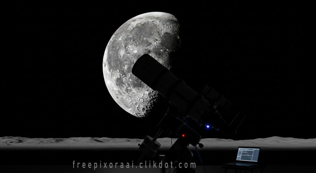 Telescope pointed at detailed gibbous moon in dark night sky, set on rocky lunar-like surface with glowing laptop showing graphs, AI-generated astronomy and space exploration artwork