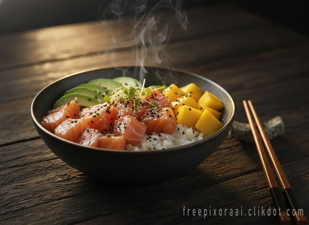 AI-generated poke bowl with salmon, mango, avocado, sesame seeds, and rice – free download for SEO and web use