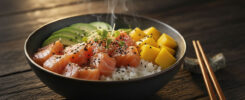 AI-generated poke bowl with salmon, mango, avocado, sesame seeds, and rice – free download for SEO and web use