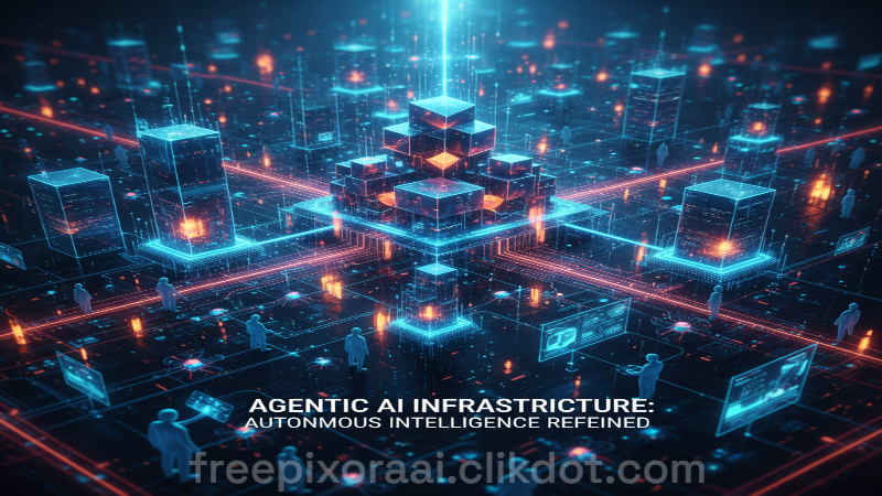 Futuristic visualization of Agentic AI Infrastructure: central towering stack of glowing blue and orange cubic blocks connected by energy lines in a dark digital grid, surrounded by humanoid figures with holographic displays, overlaid text "AGENTIC AI INFRASTRUCTURE: AUTONOMOUS INTELLIGENCE REDEFINED"