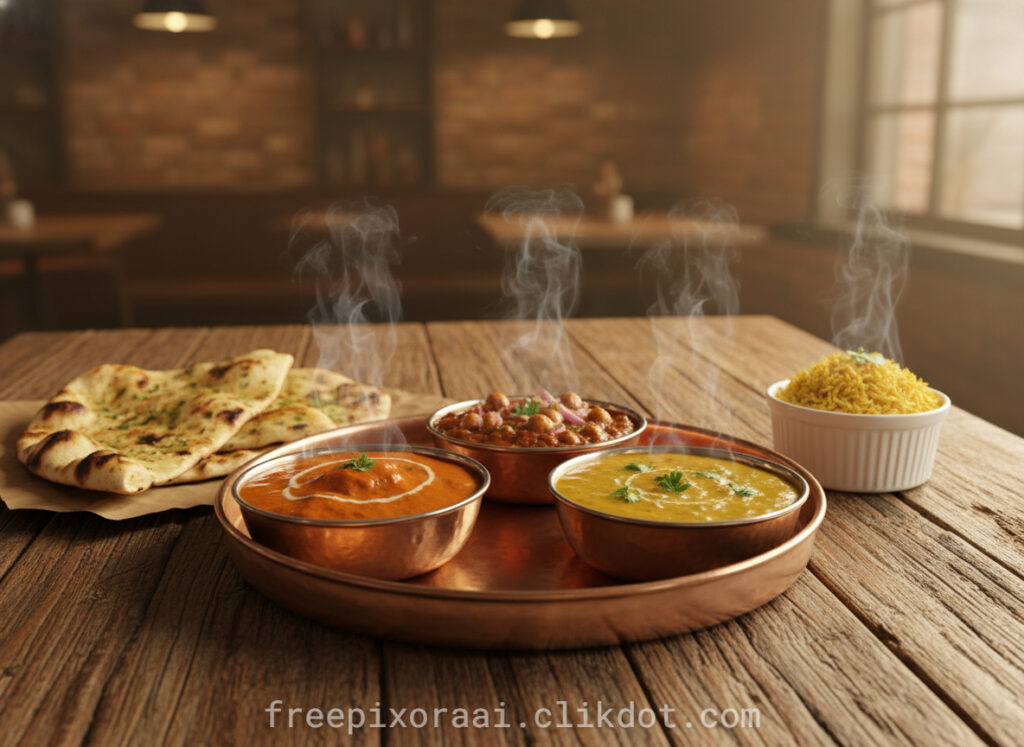 Traditional Indian thali meal on a copper tray: freshly baked garlic naan, steaming chickpea curry with onions, creamy yellow lentil dal garnished with cilantro, rich orange tomato-based curry, and bowl of saffron yellow rice, served in a cozy restaurant setting with warm lighting