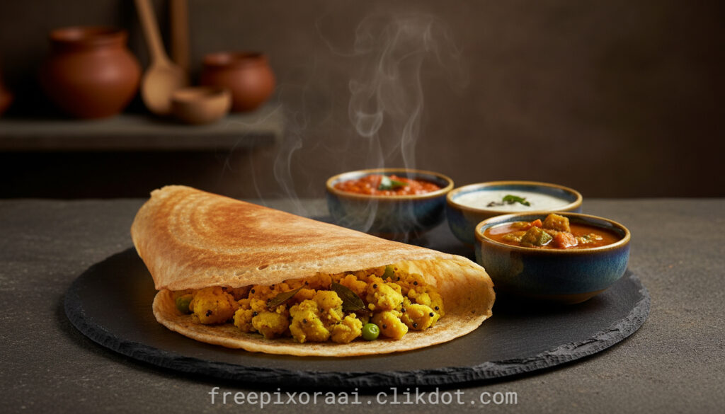 Crispy masala dosa stuffed with spiced potato and green peas filling, folded on a dark slate board, accompanied by bowls of hot vegetable sambar, tomato chutney, and coconut chutney with rising steam