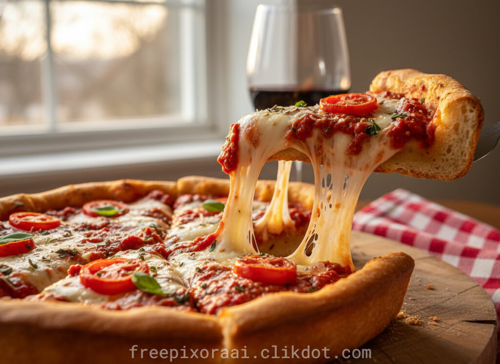 Close-up of a thick-crust pizza slice being lifted, showing long gooey melted mozzarella cheese strings stretching from the slice to the rest of the pizza, topped with tomato sauce, cherry tomatoes, fresh basil, and herbs on a wooden surface