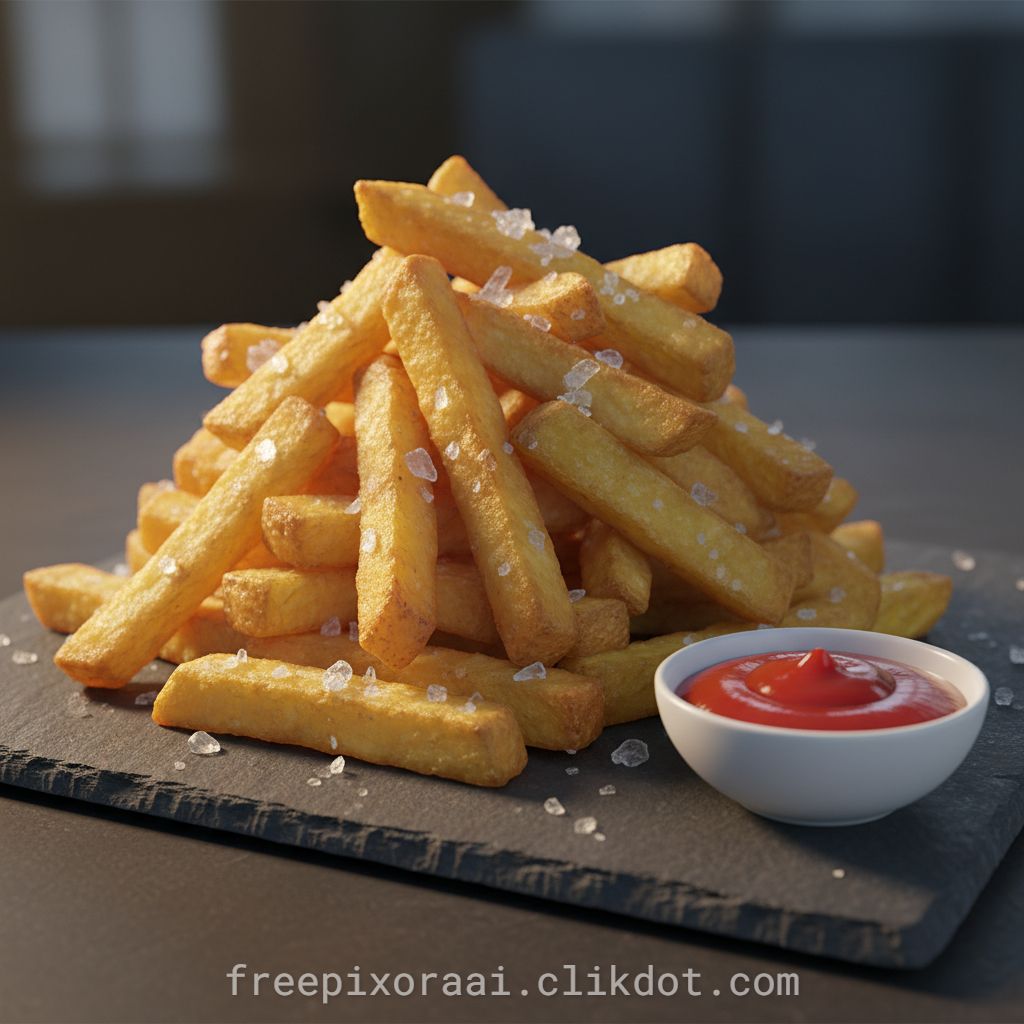 Golden crispy French fries stacked in a pile, sprinkled with coarse sea salt crystals, served with a small bowl of ketchup on a dark slate board