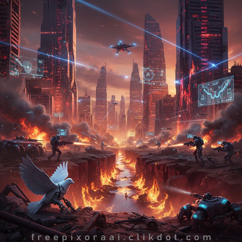 Cyberpunk dystopian war scene: burning futuristic city with soldiers in exosuits firing energy weapons, drones overhead, laser trails, smoke and explosions, holographic tactical interfaces, white cybernetic dove flying over molten river amid devastation