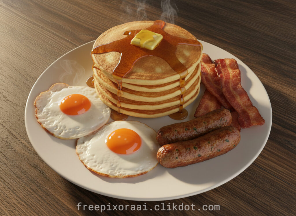 Hearty breakfast plate with a tall stack of fluffy pancakes drizzled in maple syrup and topped with melting butter, two sunny-side-up fried eggs, crispy bacon strips, and herb-seasoned sausages, steam rising, served on a white plate against a wooden table