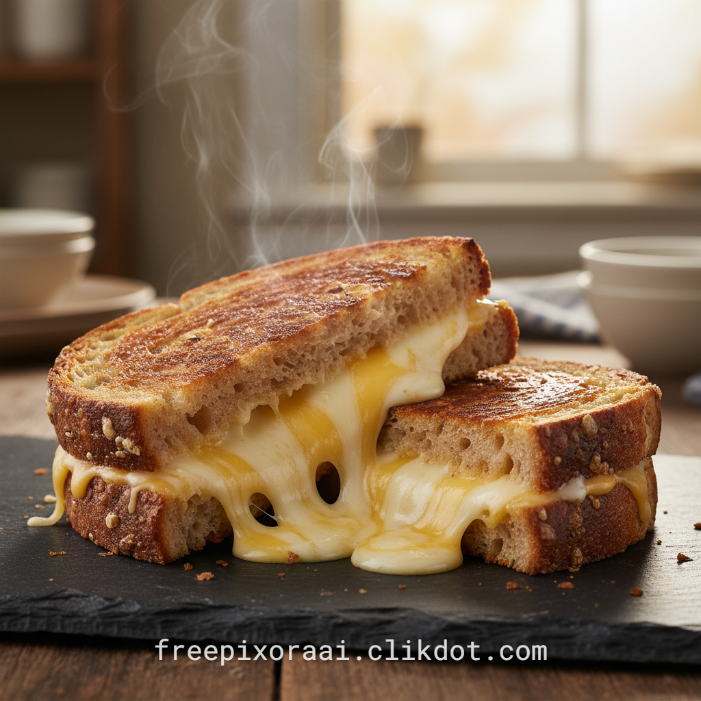 AI generated free image download – close-up of gooey grilled cheese sandwich with melted cheddar oozing out, golden toasted bread, steam rising on dark slate board for food blogs and SEO