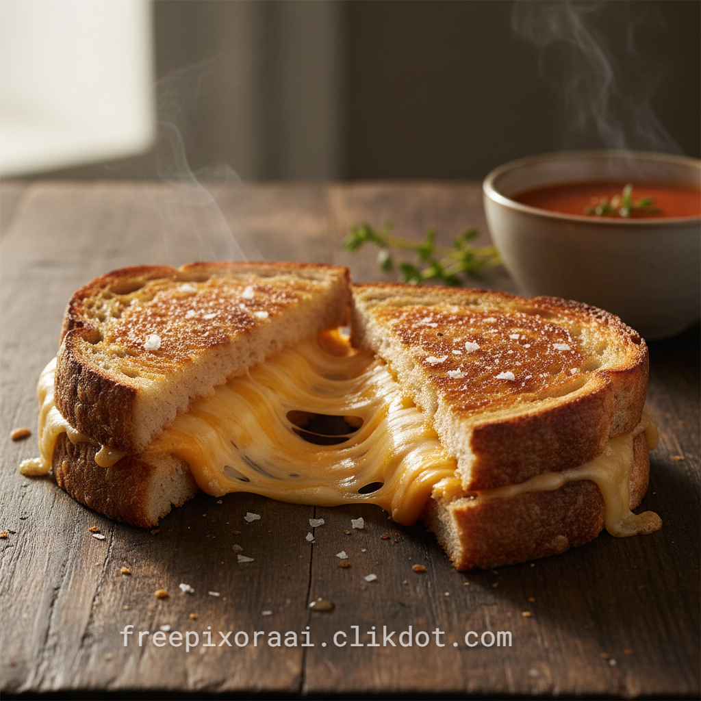 AI generated free image download – grilled cheese sandwich with gooey melted cheddar pull, golden toasted bread, flaky sea salt, fresh thyme, and steaming bowl of tomato soup on wooden table for food blogs and SEO