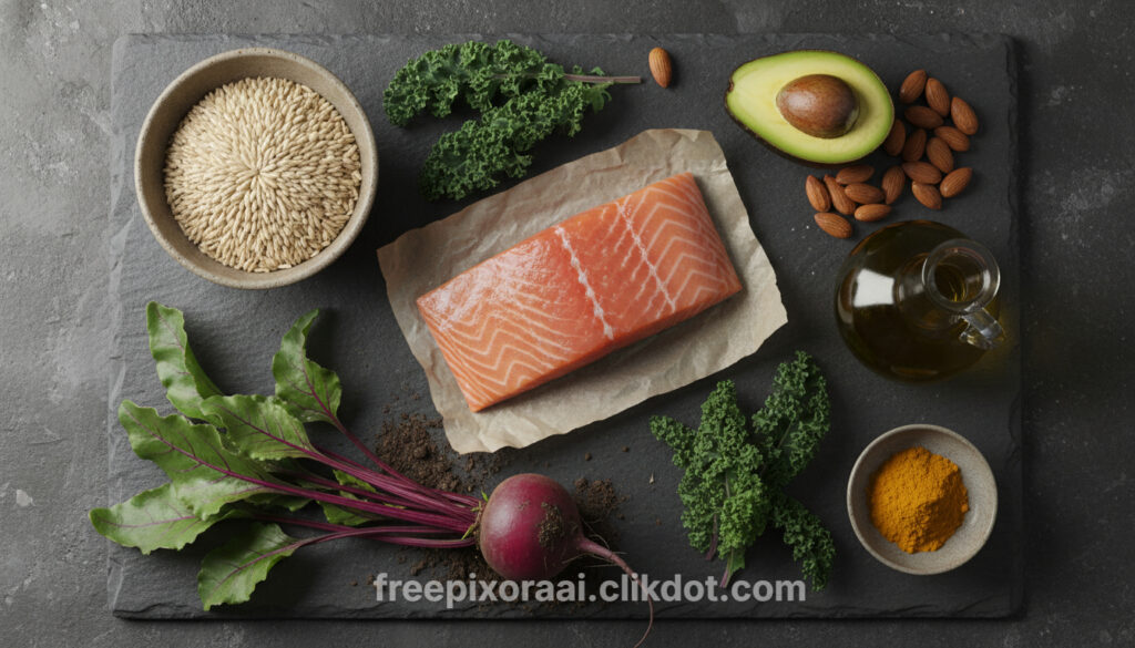 AI generated free image download – healthy flat lay with salmon fillet, quinoa, kale, avocado, almonds, beets, turmeric, olive oil on dark slate board for SEO, blogs and wellness websites