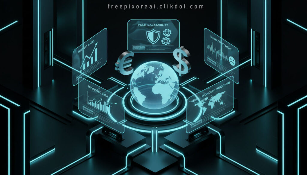 AI generated free image download of futuristic global economy hologram with political stability, interest rates, market sentiment, and economic data visualizations for SEO and website use