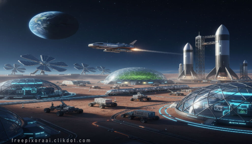 Futuristic Mars colony base on red rocky surface: glowing domed habitats, solar panel arrays, multiple rovers and cargo vehicles, rockets on launch towers, departing spacecraft with engine flame, large Earth in starry night sky