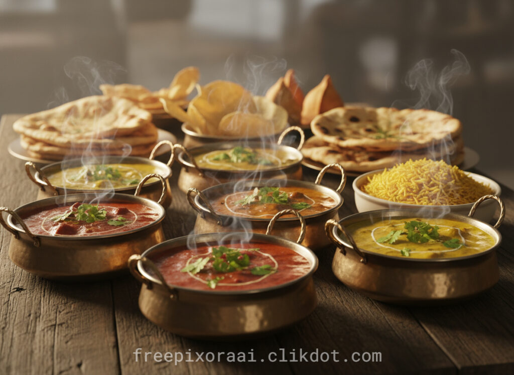 Lavish Indian thali presentation on wooden table with multiple brass kadhais filled with steaming curries (yellow dal, paneer curry, red tomato curry, green vegetable curry), garnished with cilantro and cream swirls, surrounded by stacks of naan, roti, puri, papad, samosas, and a bowl of yellow jeera rice, warm ambient lighting