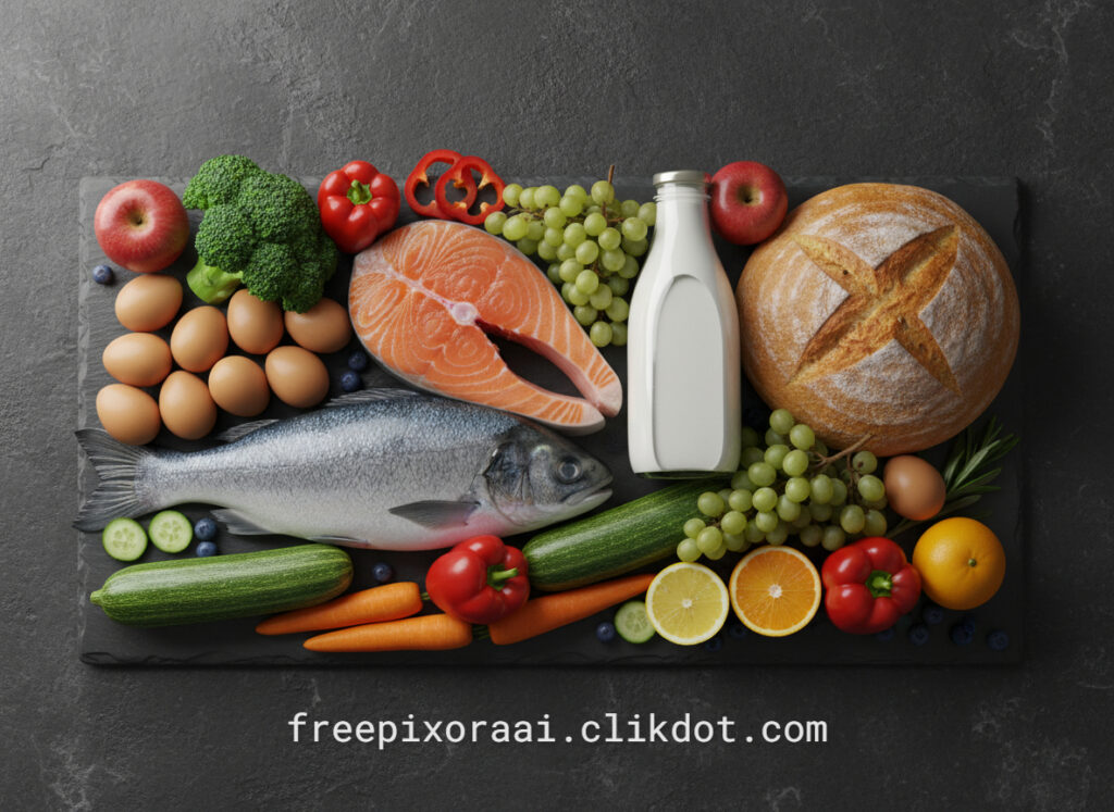 Top view of healthy food assortment on dark slate board including salmon fillet, whole fish, eggs, milk bottle, fresh bread, broccoli, apples, oranges, grapes, cucumbers, carrots, peppers, and berries