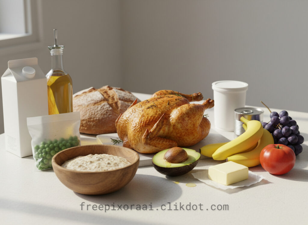 Assortment of healthy whole food ingredients on a light neutral background including roasted herb-seasoned turkey, halved avocado, bowl of rolled oats, bottle of olive oil, artisan sourdough bread, carton of milk, yogurt, butter, fresh banana bunch, purple grapes, tomato, frozen peas, and canned goods