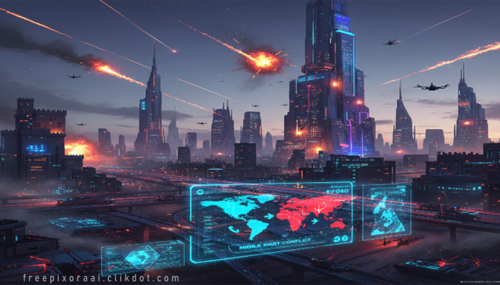 Cyberpunk depiction of Middle East conflict: futuristic skyscraper city at dusk under attack by missiles and drones leaving trails, explosions and fires, fighter jets in sky, holographic interface overlay with world map highlighting Middle East and text "MIDDLE EAST CONFLICT"