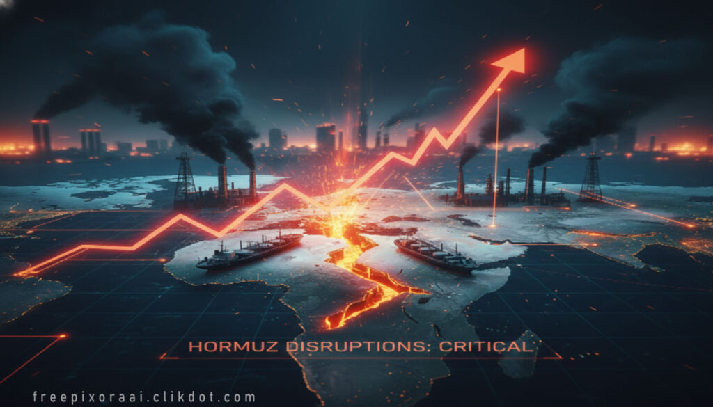 Dramatic conceptual illustration of Strait of Hormuz disruptions causing oil price surge: red upward arrow stock chart cracking world map, oil tankers, rigs, factories with black smoke, fiery explosions, and text "HORMUZ DISRUPTIONS: CRITICAL"