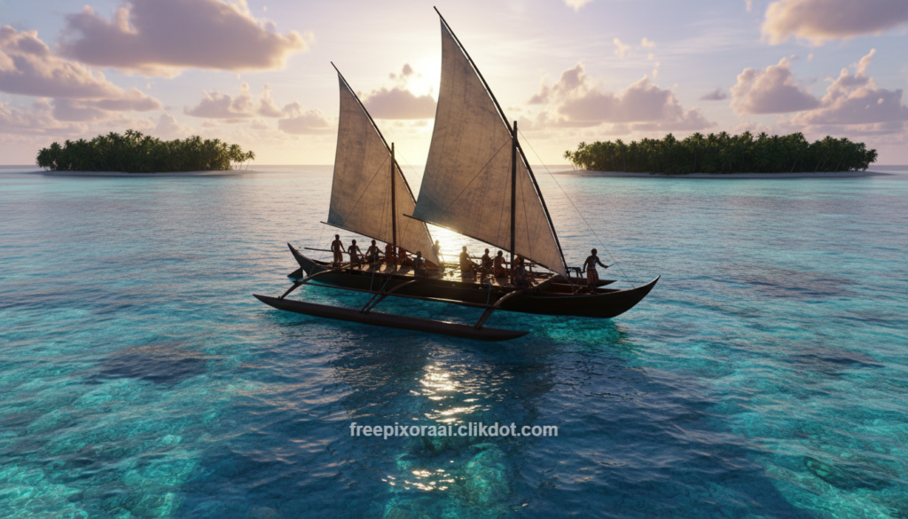 Traditional Polynesian outrigger sailing canoe with crew members paddling and sailing across vibrant turquoise ocean at sunset, small palm-fringed islands in background under colorful sky