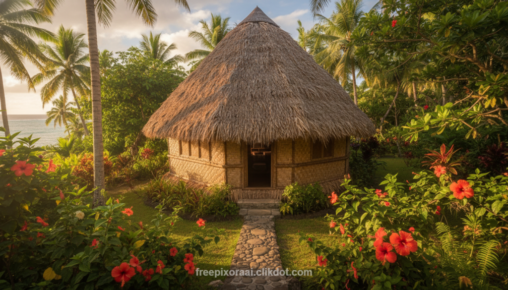 Traditional thatched-roof tropical bungalow in lush garden setting with palm trees, red hibiscus flowers, stone path, and ocean view in the background under golden sunlight